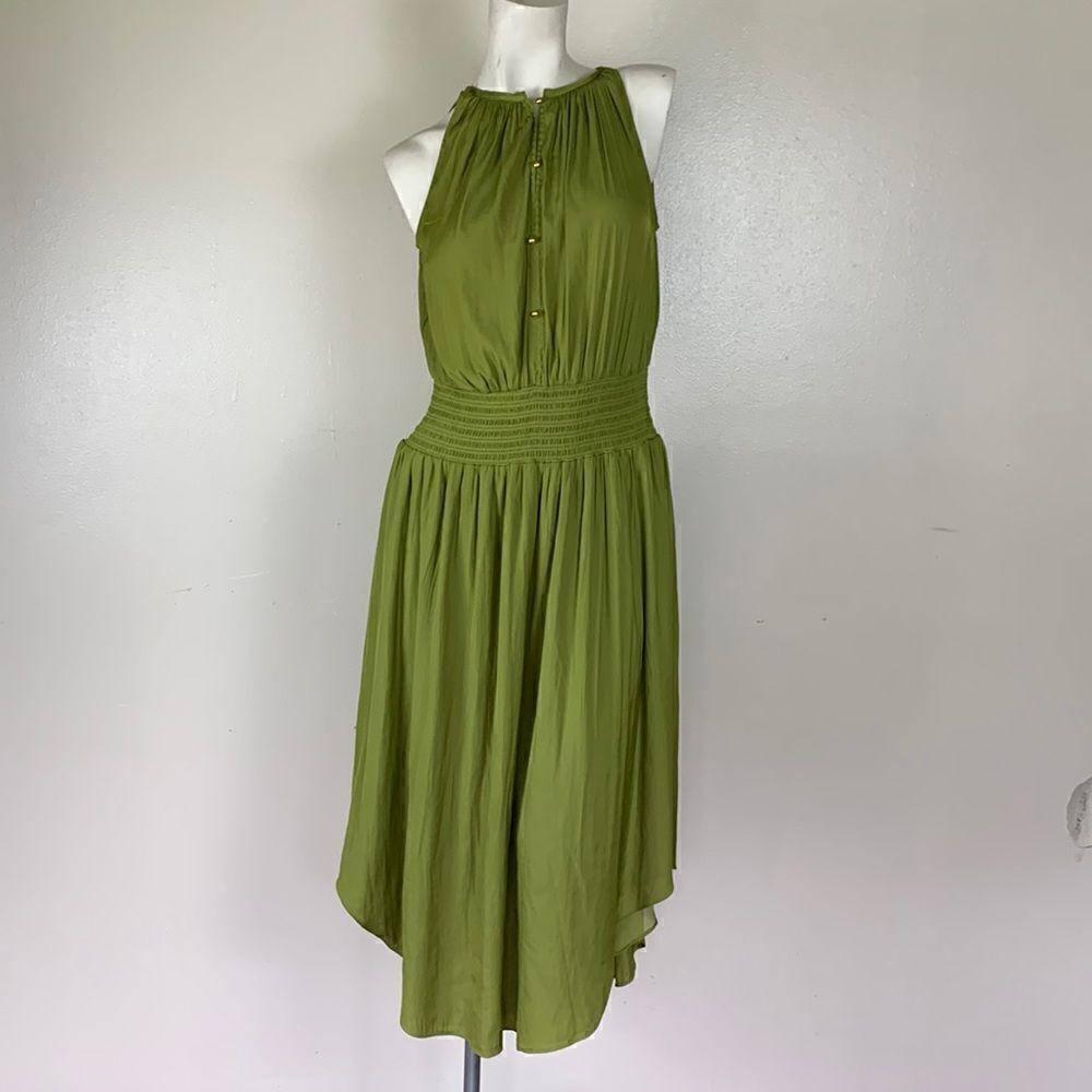 ELIE TAHARI silky XS extra small green smocked sleeveless wedding party dress